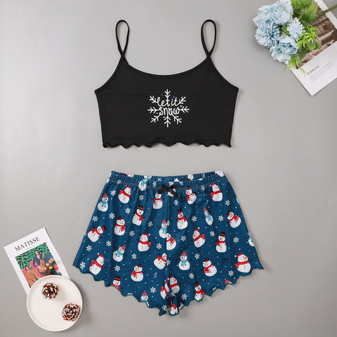 Christmas European And American Thin Pajamas Women's Sleeveless Shorts Milk Silk Simple Casual Two-piece Suit Homewear Christmas European And American Thin Pajamas Women's Sleeveless Shorts Milk Silk Simple Casual Two-piece Suit Homewear