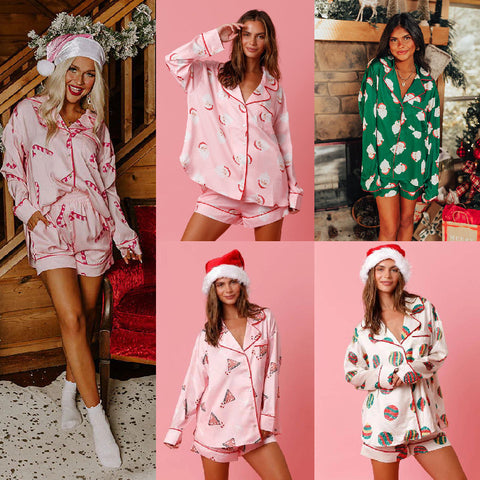 Satin Printed Santa Claus Two-piece Suit Home Satin Printed Santa Claus Two-piece Suit Home