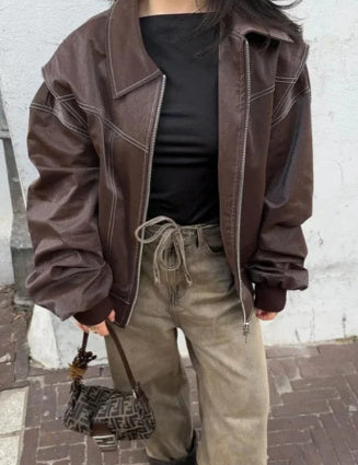 Loose Fashion Lapel Zip-up Jacket Cool Long Sleeve Zipper Closure Moto Biker Leather Jacket Womens Clothing Loose Fashion Lapel Zip-up Jacket Cool Long Sleeve Zipper Closure Moto Biker Leather Jacket Womens Clothing