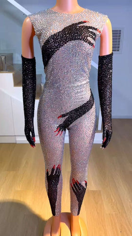 Halloween Extravaganza - Shiny Stone Black Hands Printed Jumpsuit with Gloves - Sexy Singer Stage Costume and Party Outfit Halloween Extravaganza - Shiny Stone Black Hands Printed Jumpsuit with Gloves - Sexy Singer Stage Costume and Party Outfit