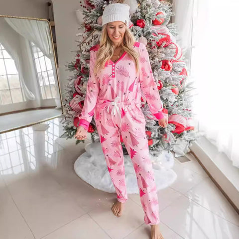 Christmas Pajamas Suit Christmas Tree Printed Long Sleeve Button Two-piece Set Christmas Pajamas Suit Christmas Tree Printed Long Sleeve Button Two-piece Set
