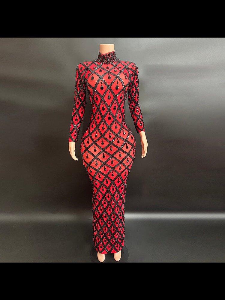 Sophisticated High-Neck Red Evening Gown - Perfect for Parties, Clubs, and Formal Affairs