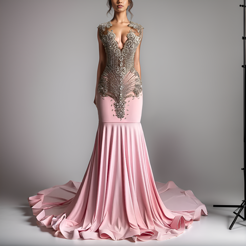 Pink Prom Dress - Sheer Mesh Top, Sparkly Silver Diamonds Pink Prom Dress - Sheer Mesh Top, Sparkly Silver Diamonds