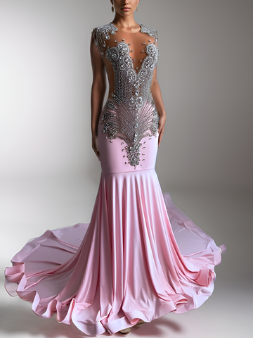 Pink Prom Dress - Sheer Mesh Top, Sparkly Silver Diamonds Pink Prom Dress - Sheer Mesh Top, Sparkly Silver Diamonds