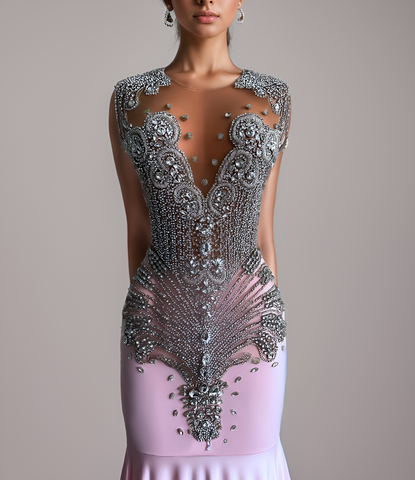 Pink Prom Dress - Sheer Mesh Top, Sparkly Silver Diamonds Pink Prom Dress - Sheer Mesh Top, Sparkly Silver Diamonds