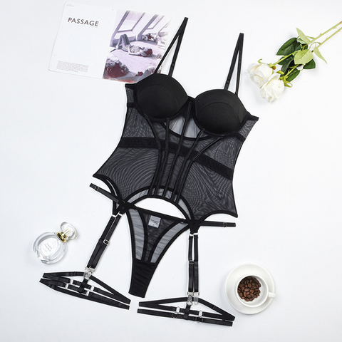 2-Piece Black Mesh Lingerie - Classic Erotic Nightwear with Padded Brief Set 2-Piece Black Mesh Lingerie - Classic Erotic Nightwear with Padded Brief Set