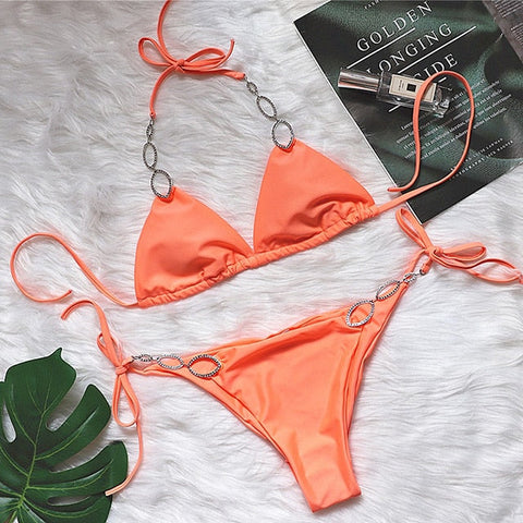 Shiny Crystal Diamond Bikini - Women's Halter Bandage Swimsuit with Rhinestone Accents Shiny Crystal Diamond Bikini - Women's Halter Bandage Swimsuit with Rhinestone Accents