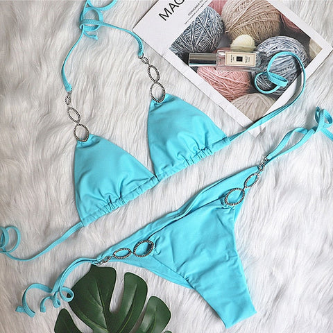 Shiny Crystal Diamond Bikini - Women's Halter Bandage Swimsuit with Rhinestone Accents Shiny Crystal Diamond Bikini - Women's Halter Bandage Swimsuit with Rhinestone Accents
