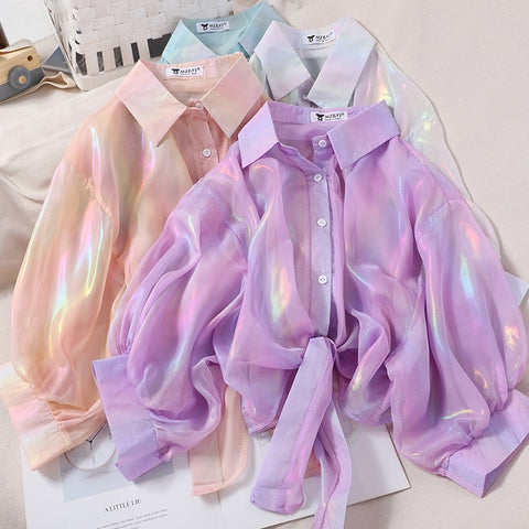 Shining Sparkle Button-Up Chiffon Blouse: 2023 Summer/Autumn Style Shining Sparkle Button-Up Chiffon Blouse: 2023 Summer/Autumn Style