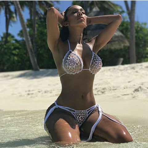 Luxury Crystal Diamond Crochet Bikini - Sexy Hollow Out Micro Triangle Swimsuit with Rhinestone Split Luxury Crystal Diamond Crochet Bikini - Sexy Hollow Out Micro Triangle Swimsuit with Rhinestone Split