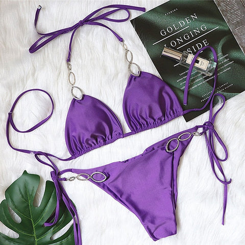 Shiny Crystal Diamond Bikini - Women's Halter Bandage Swimsuit with Rhinestone Accents Shiny Crystal Diamond Bikini - Women's Halter Bandage Swimsuit with Rhinestone Accents