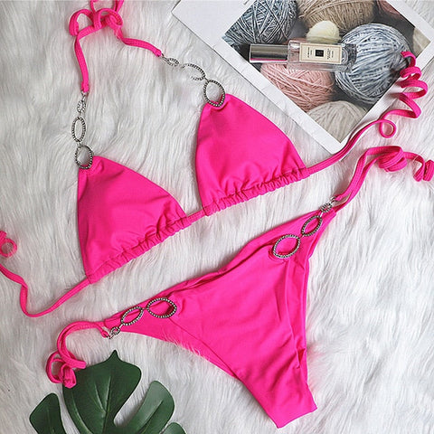 Shiny Crystal Diamond Bikini - Women's Halter Bandage Swimsuit with Rhinestone Accents Shiny Crystal Diamond Bikini - Women's Halter Bandage Swimsuit with Rhinestone Accents