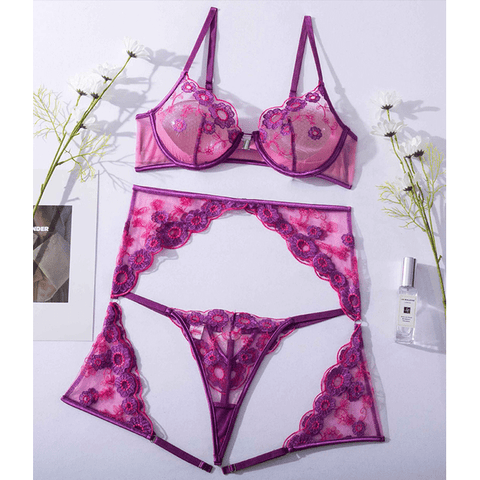 Luxury Ellolace Lingerie Set - 3-Piece Lace Bra, Panty & Garter Luxury Ellolace Lingerie Set - 3-Piece Lace Bra, Panty & Garter