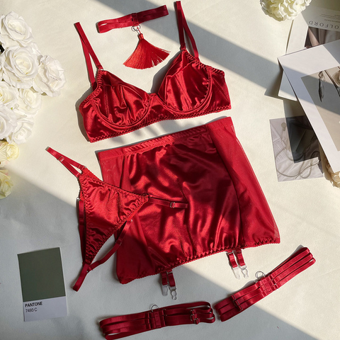 Satin & Lace Lingerie: 5-Piece Sexy Sissy Bra, Panty & Skirt Set Satin & Lace Lingerie: 5-Piece Sexy Sissy Bra, Panty & Skirt Set
