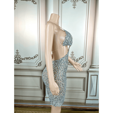Full Silver Big Rhinestones Bright Bra MINI Dress for Every Birthday Celebrate Performance Full Silver Big Rhinestones Bright Bra MINI Dress for Every Birthday Celebrate Performance