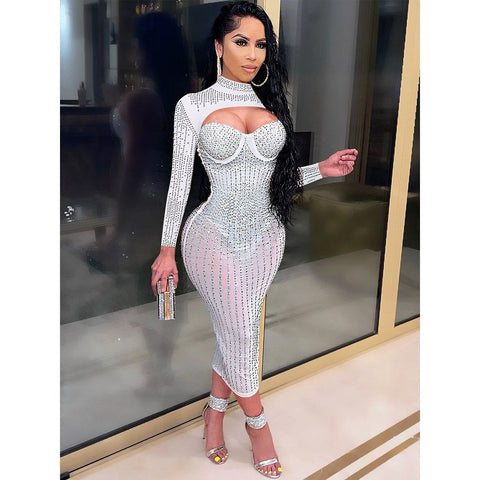 Sexy Sheer Mesh Diamond Bodycon Dress - Women's Luxury Summer Party & Club Wear Sexy Sheer Mesh Diamond Bodycon Dress - Women's Luxury Summer Party & Club Wear