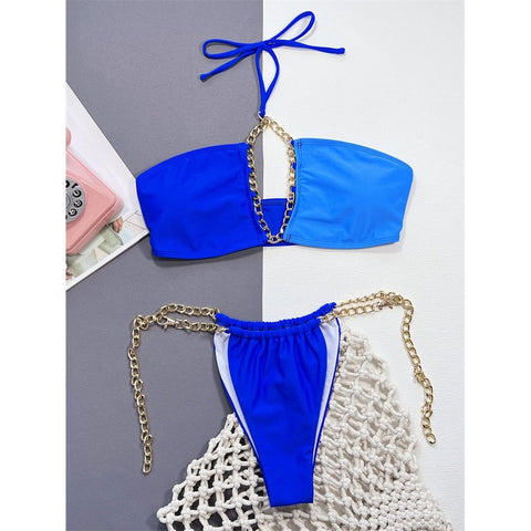 Metal Chains Halter Bikini - Patchwork Bandeau Swimsuit for Women's Brazilian Style Metal Chains Halter Bikini - Patchwork Bandeau Swimsuit for Women's Brazilian Style