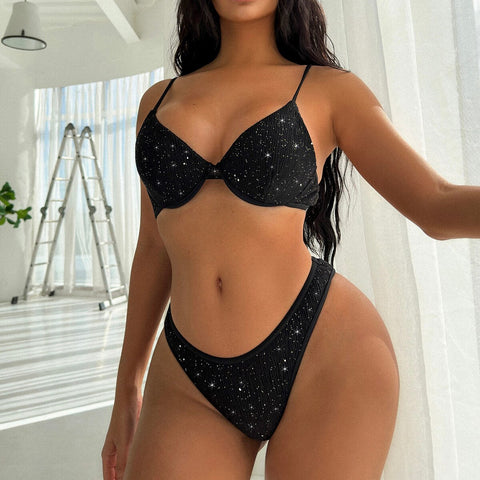 Black Rhinestone Heart Bikini - Sexy Brazilian Halter-Neck High-Cut Swimwear Black Rhinestone Heart Bikini - Sexy Brazilian Halter-Neck High-Cut Swimwear