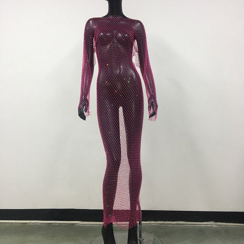 Rhinestone Grid Fishnet Dress - Sexy Long Sleeve O-Neck Beach Cover-Up Rhinestone Grid Fishnet Dress - Sexy Long Sleeve O-Neck Beach Cover-Up