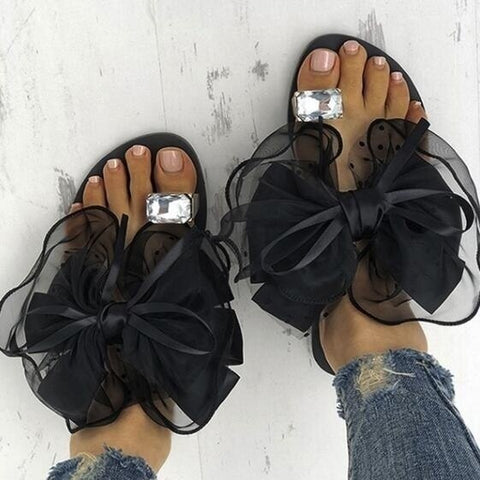 Chic Bowtie Lace Floral Slippers - Crystal-Embellished Women's Beach Flats up to Size 42 Chic Bowtie Lace Floral Slippers - Crystal-Embellished Women's Beach Flats up to Size 42