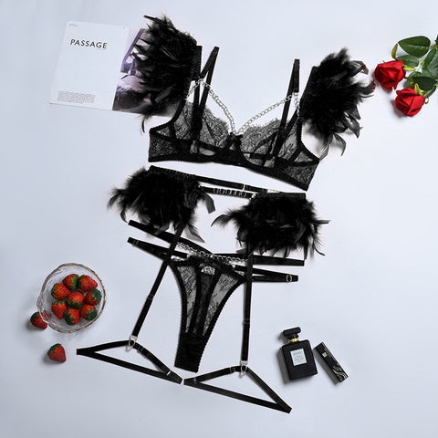 Luxury French Lace Lingerie Set - Bra, Thong, Garter Belt - Erotic & Transparent Luxury French Lace Lingerie Set - Bra, Thong, Garter Belt - Erotic & Transparent
