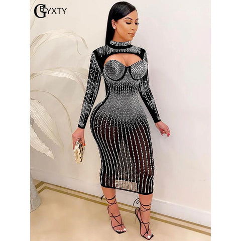 Sexy Sheer Mesh Diamond Bodycon Dress - Women's Luxury Summer Party & Club Wear Sexy Sheer Mesh Diamond Bodycon Dress - Women's Luxury Summer Party & Club Wear