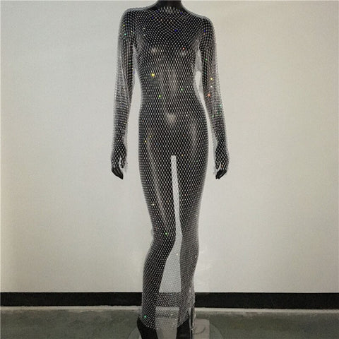 Rhinestone Grid Fishnet Dress - Sexy Long Sleeve O-Neck Beach Cover-Up Rhinestone Grid Fishnet Dress - Sexy Long Sleeve O-Neck Beach Cover-Up