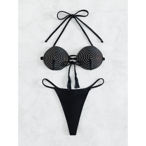 Luxury Rhinestone Halter Bikini - Black Lace-Up Micro Swimsuit for Women Luxury Rhinestone Halter Bikini - Black Lace-Up Micro Swimsuit for Women