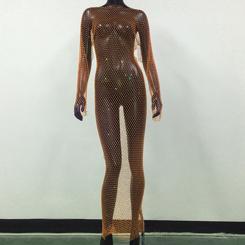 Rhinestone Grid Fishnet Dress - Sexy Long Sleeve O-Neck Beach Cover-Up Rhinestone Grid Fishnet Dress - Sexy Long Sleeve O-Neck Beach Cover-Up
