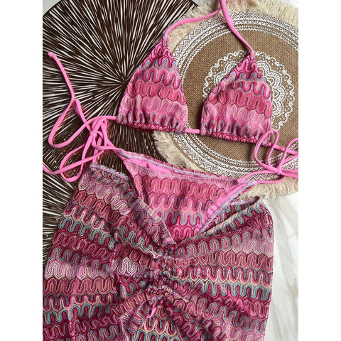 3-Piece Knit Bikini with Skirt - Push-Up Swimsuit Beachwear 3-Piece Knit Bikini with Skirt - Push-Up Swimsuit Beachwear