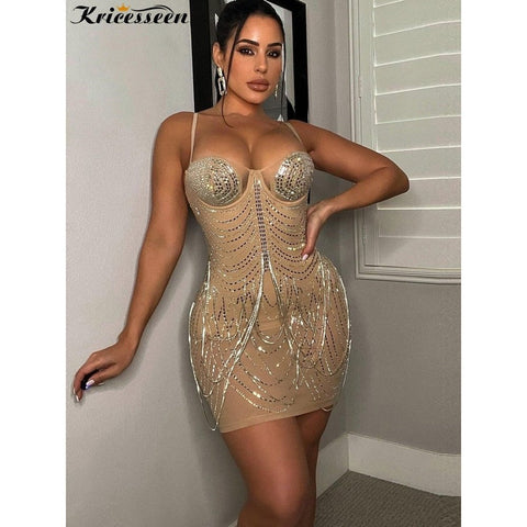 Chic Rhinestone Tassel Mini Dress - Women's Sexy Strap Bodycon Clubwear Chic Rhinestone Tassel Mini Dress - Women's Sexy Strap Bodycon Clubwear