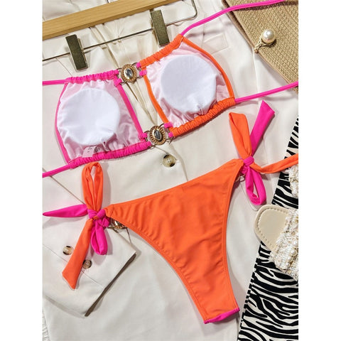 Metal Chains Halter Bikini - Patchwork Bandeau Swimsuit for Women's Brazilian Style Metal Chains Halter Bikini - Patchwork Bandeau Swimsuit for Women's Brazilian Style