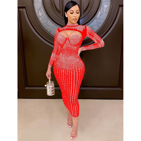 Sexy Sheer Mesh Diamond Bodycon Dress - Women's Luxury Summer Party & Club Wear Sexy Sheer Mesh Diamond Bodycon Dress - Women's Luxury Summer Party & Club Wear