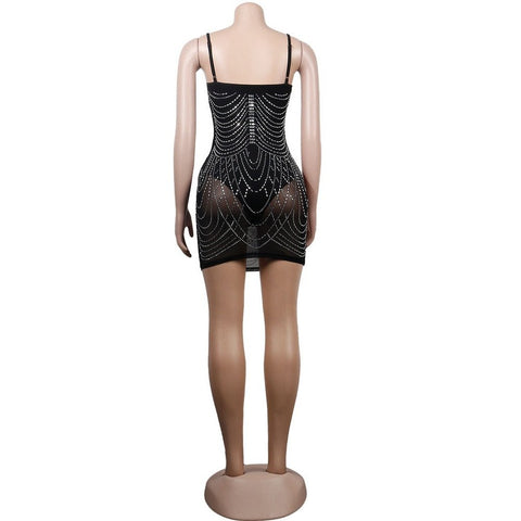 Chic Rhinestone Tassel Mini Dress - Women's Sexy Strap Bodycon Clubwear Chic Rhinestone Tassel Mini Dress - Women's Sexy Strap Bodycon Clubwear