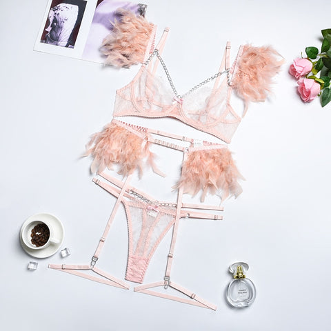 Luxury French Lace Lingerie Set - Bra, Thong, Garter Belt - Erotic & Transparent Luxury French Lace Lingerie Set - Bra, Thong, Garter Belt - Erotic & Transparent