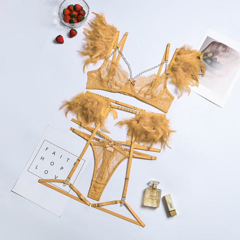 Luxury French Lace Lingerie Set - Bra, Thong, Garter Belt - Erotic & Transparent Luxury French Lace Lingerie Set - Bra, Thong, Garter Belt - Erotic & Transparent