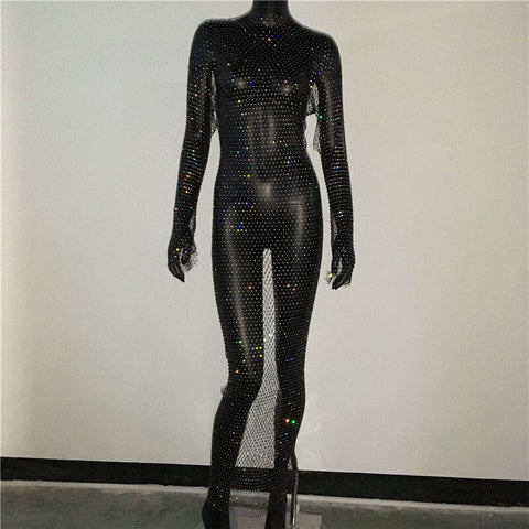 Rhinestone Grid Fishnet Dress - Sexy Long Sleeve O-Neck Beach Cover-Up Rhinestone Grid Fishnet Dress - Sexy Long Sleeve O-Neck Beach Cover-Up