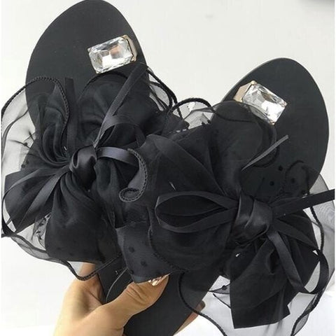 Chic Bowtie Lace Floral Slippers - Crystal-Embellished Women's Beach Flats up to Size 42 Chic Bowtie Lace Floral Slippers - Crystal-Embellished Women's Beach Flats up to Size 42