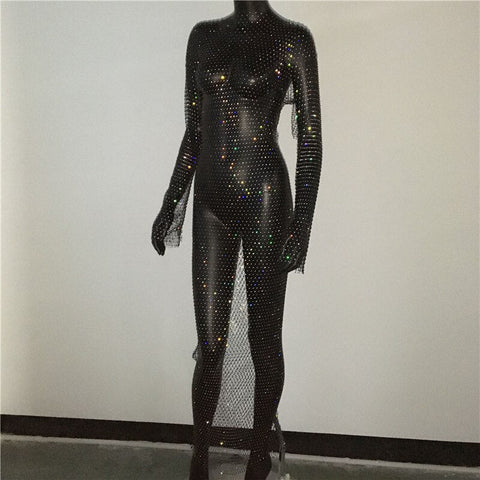 Rhinestone Grid Fishnet Dress - Sexy Long Sleeve O-Neck Beach Cover-Up Rhinestone Grid Fishnet Dress - Sexy Long Sleeve O-Neck Beach Cover-Up