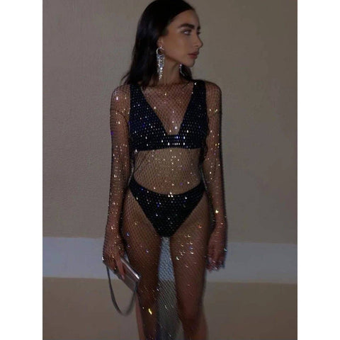 Rhinestone Grid Fishnet Dress - Sexy Long Sleeve O-Neck Beach Cover-Up Rhinestone Grid Fishnet Dress - Sexy Long Sleeve O-Neck Beach Cover-Up