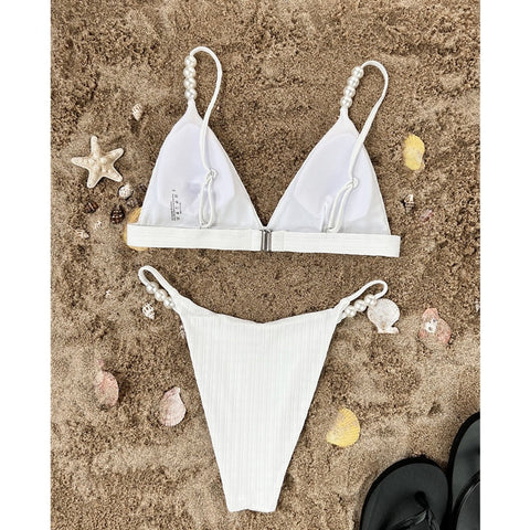Elegant White Pearl Bikini Set - Sexy V-Neck Swimwear for Women's Summer Elegant White Pearl Bikini Set - Sexy V-Neck Swimwear for Women's Summer