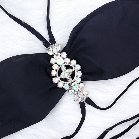 Luxury Rhinestone Halter Tankini - Black Push-Up Bikini Set for Women's Swimwear Luxury Rhinestone Halter Tankini - Black Push-Up Bikini Set for Women's Swimwear