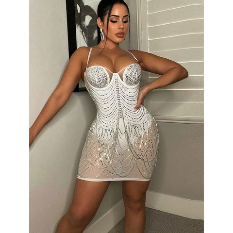 Chic Rhinestone Tassel Mini Dress - Women's Sexy Strap Bodycon Clubwear Chic Rhinestone Tassel Mini Dress - Women's Sexy Strap Bodycon Clubwear