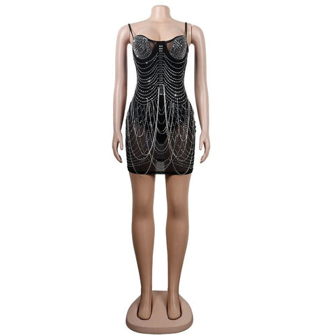 Chic Rhinestone Tassel Mini Dress - Women's Sexy Strap Bodycon Clubwear Chic Rhinestone Tassel Mini Dress - Women's Sexy Strap Bodycon Clubwear