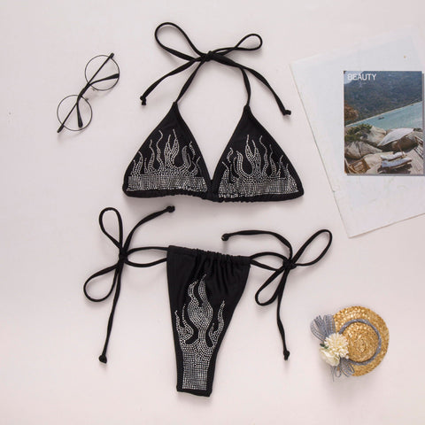 Black Flame Rhinestone Bikini - Elegant Triangle Halter Swimsuit for Women's Swim Black Flame Rhinestone Bikini - Elegant Triangle Halter Swimsuit for Women's Swim