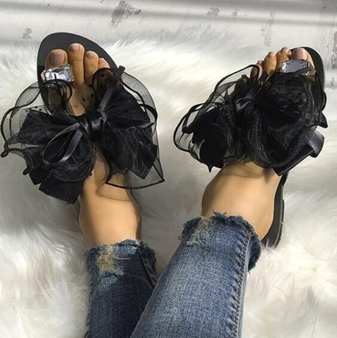 Chic Bowtie Lace Floral Slippers - Crystal-Embellished Women's Beach Flats up to Size 42 Chic Bowtie Lace Floral Slippers - Crystal-Embellished Women's Beach Flats up to Size 42