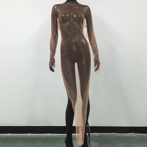 Rhinestone Grid Fishnet Dress - Sexy Long Sleeve O-Neck Beach Cover-Up Rhinestone Grid Fishnet Dress - Sexy Long Sleeve O-Neck Beach Cover-Up