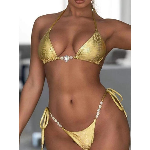 Shiny Snake Skin Halter Jewelled Bikini - Women's Two-Piece Swimwear Shiny Snake Skin Halter Jewelled Bikini - Women's Two-Piece Swimwear