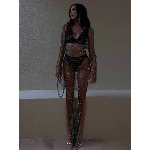 Rhinestone Grid Fishnet Dress - Sexy Long Sleeve O-Neck Beach Cover-Up Rhinestone Grid Fishnet Dress - Sexy Long Sleeve O-Neck Beach Cover-Up