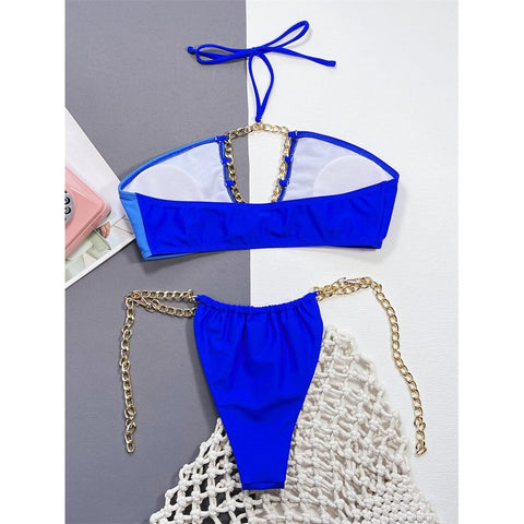 Metal Chains Halter Bikini - Patchwork Bandeau Swimsuit for Women's Brazilian Style Metal Chains Halter Bikini - Patchwork Bandeau Swimsuit for Women's Brazilian Style